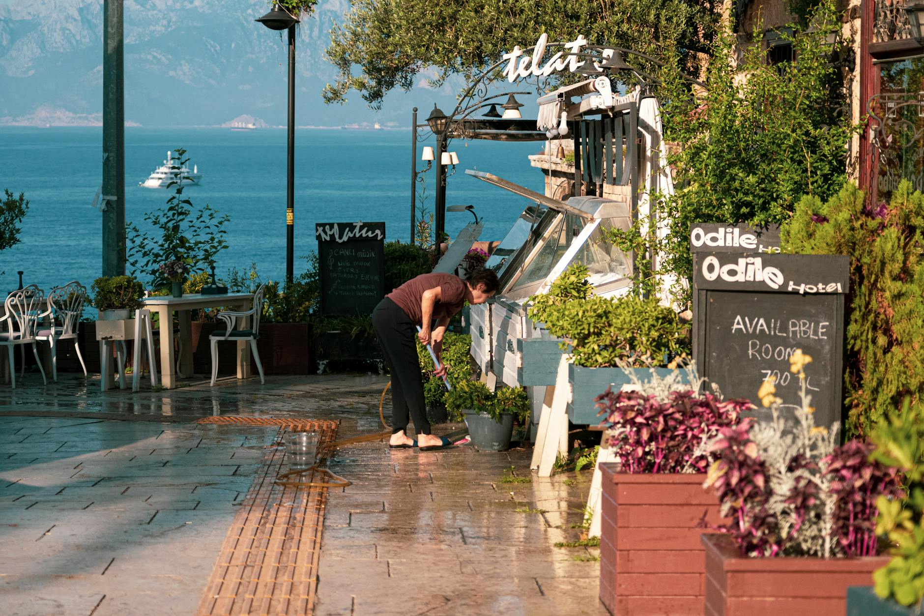 Nadmorskie kawiarniane stoliki wśród roślin z widokiem na spokojne morze